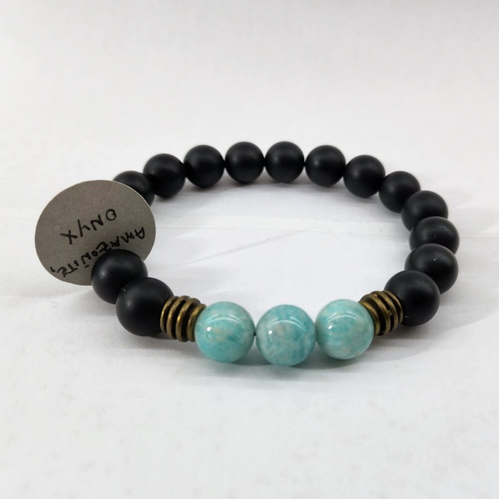Blue Amazonite & Matte Black Onyx Beaded Bracelet
